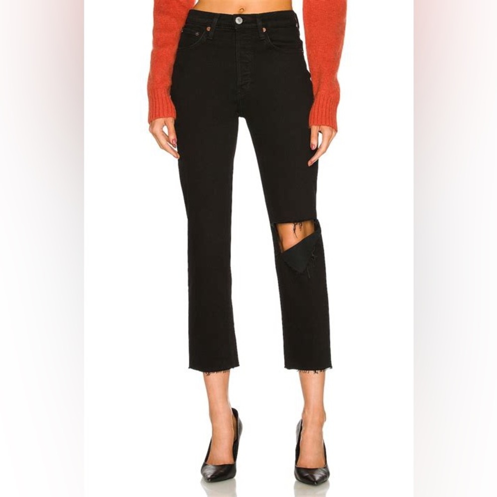 RE/DONE 90’s High Rise Ankle Crop in Jet Black denim with knee rips and hole
